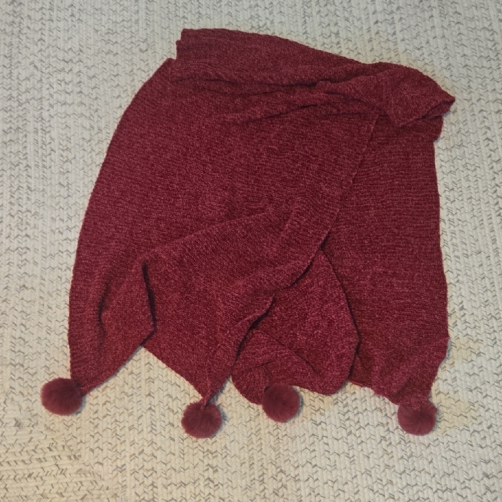 Burgundy Knit Scarf with Pom Poms‎